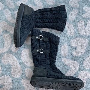 Cable Knot Mid-calf black uggs with metal buckles